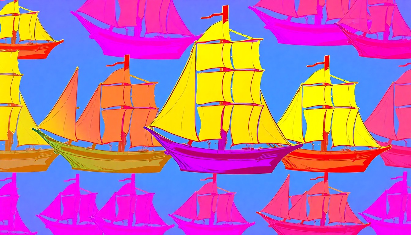 A highly stylized, abstract silkscreen print featuring a repeating pattern of a glass sculpture in the shape of a sailing ship, rendered in a bold, neon color palette with heavy black outlines, conceptually representing a celebratory public artwork.