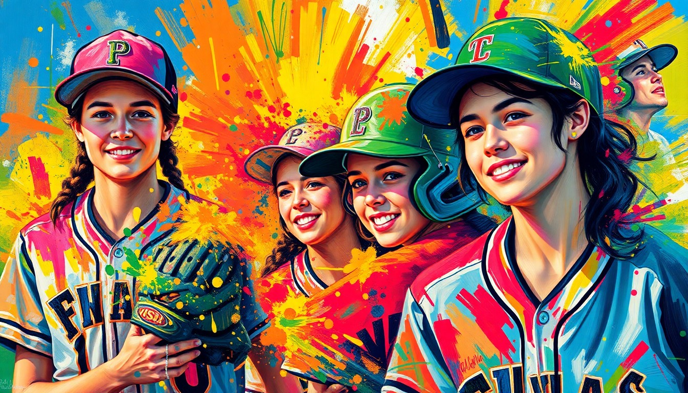 An abstract expressionist painting in neon colors, with blurred figures and motion lines representing the energy and action of a college softball game.