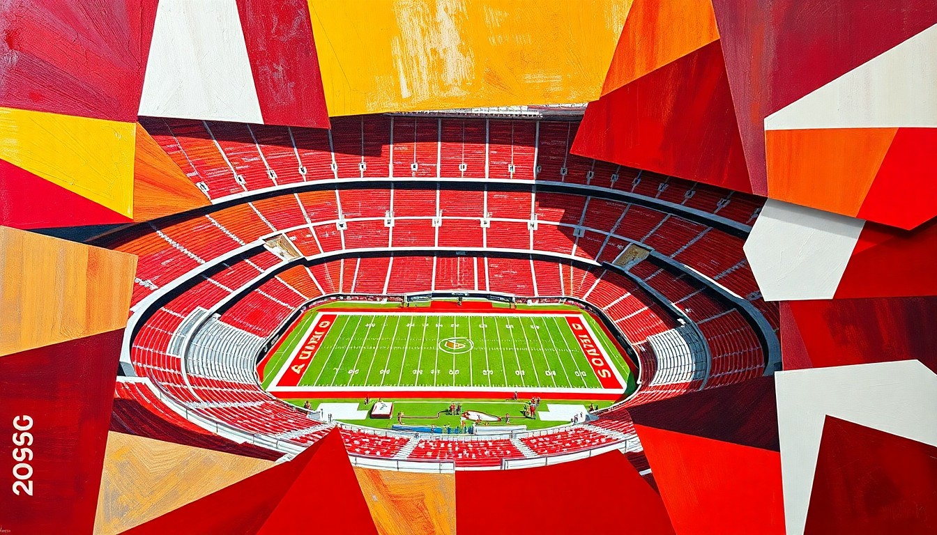 A cubist, geometric painting depicting the reconfiguration of Arrowhead Stadium's field and seating for the 2026 FIFA World Cup, with sharp, overlapping planes in the Kansas City Chiefs' official colors of red, gold, and white.