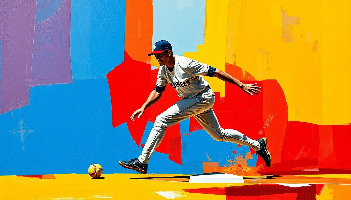 A cubist-style painting depicting a baseball player in motion, their body and the baseball field fragmented into sharp, overlapping geometric shapes in a vibrant color palette, capturing the complexity of fielding a ground ball at third base.