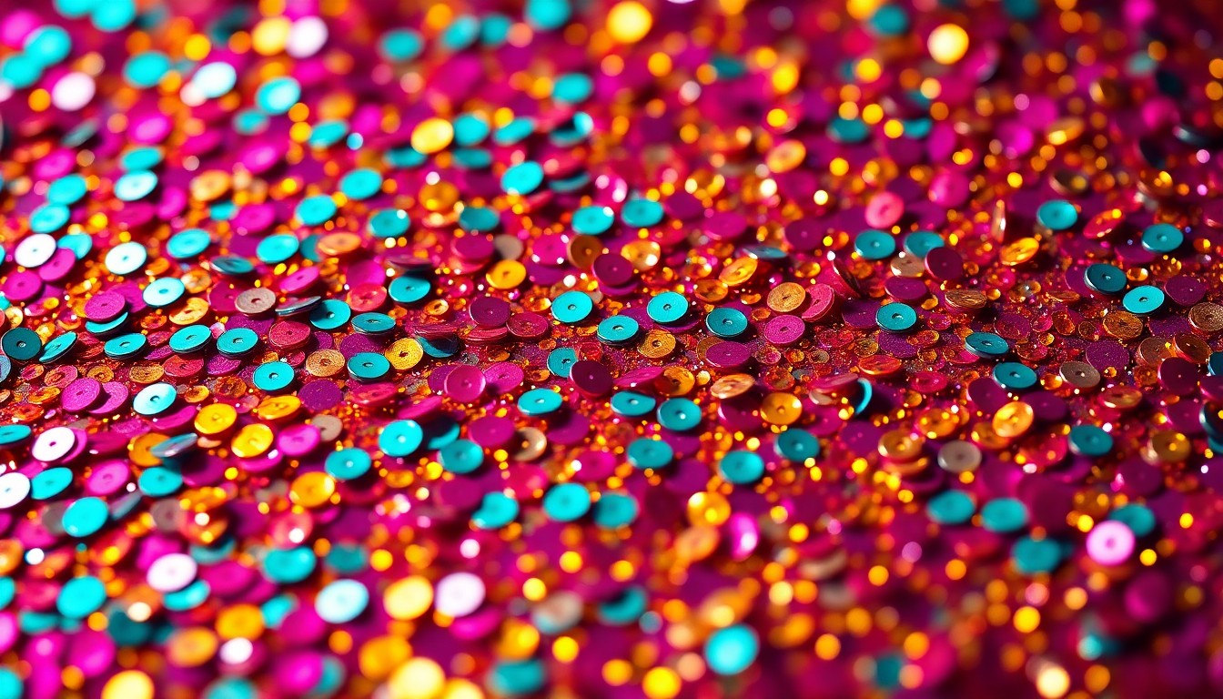An extreme close-up photograph of shimmering, glittering sequins in a kaleidoscope of vibrant colors, conceptually representing the glamour and energy of the pop music industry's connection to the queer community.