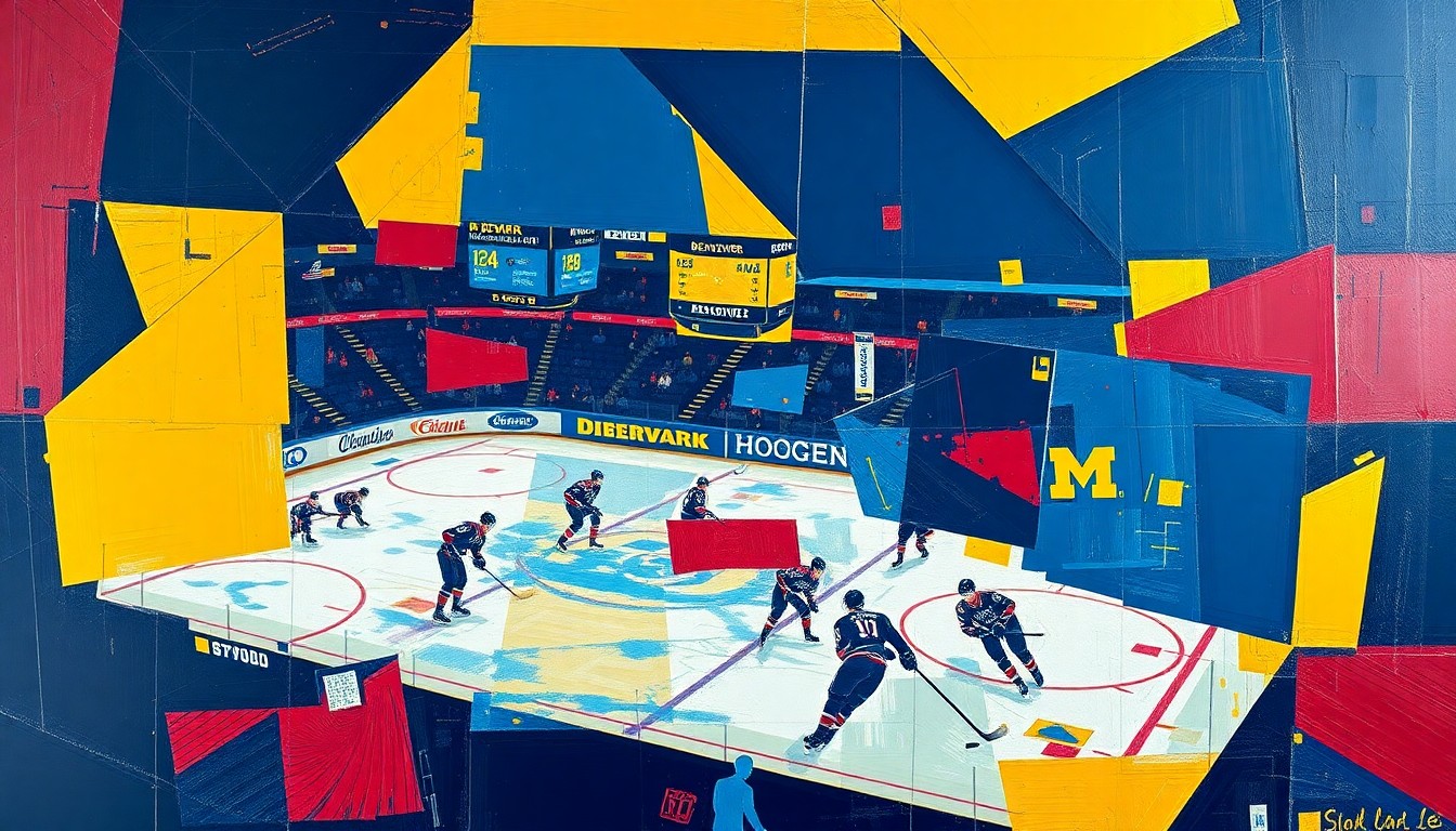 A cubist, geometric painting depicting a hockey game, with the players and action broken down into overlapping planes of vibrant blue, gold, and crimson colors, capturing the dynamic energy of the Frozen Four tournament.