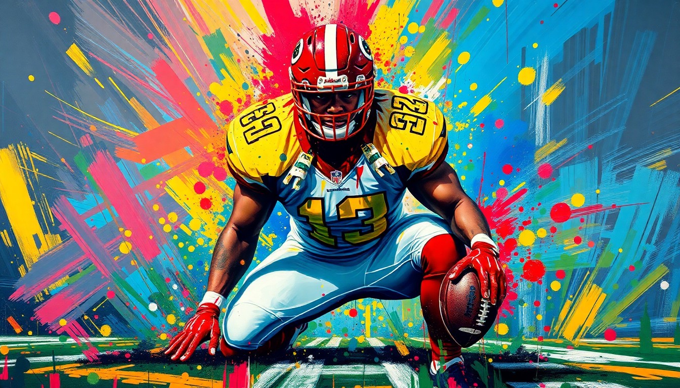 An abstract expressionist painting in vibrant neon colors, depicting the blurred, fragmented form of a football player kneeling, capturing the raw emotion and movement of Kaepernick's protest against racial injustice.