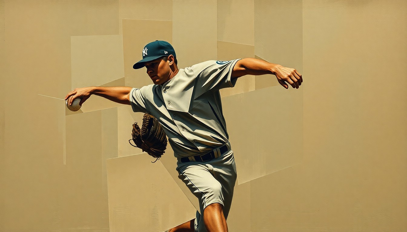 A cubist, geometric painting depicting a baseball pitcher's motion broken down into overlapping angular shapes in muted earth tones, conveying the disruption and uncertainty facing the Orioles' pitching staff.