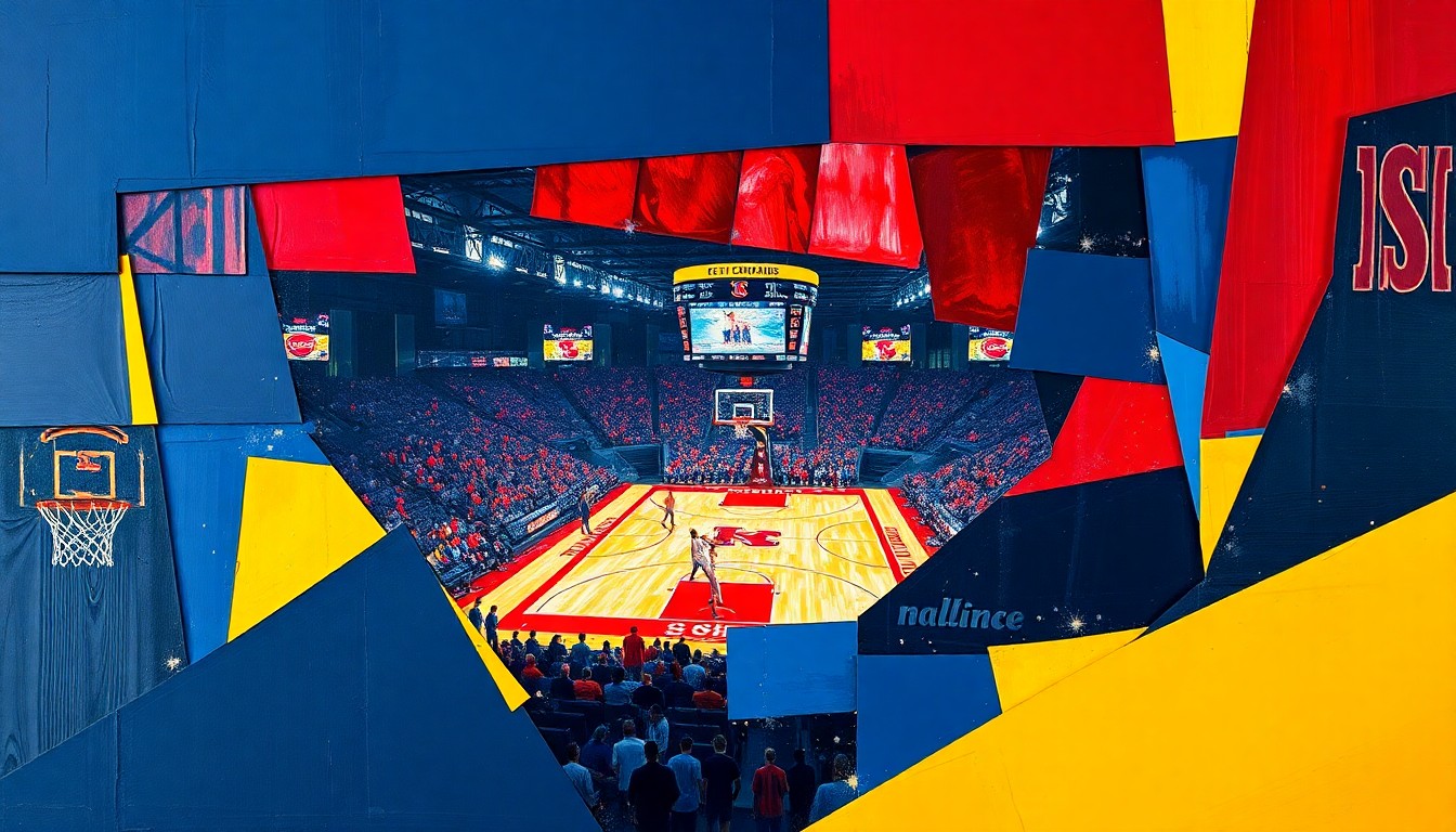 A cubist, geometric painting depicting a fragmented college basketball game, with sharp planes of navy, crimson, and gold colors overlapping to create a dynamic, abstract scene.