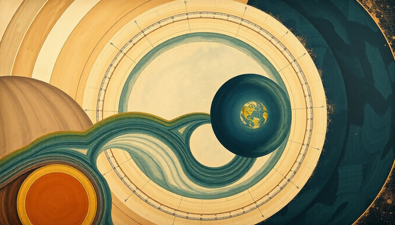 A bold, abstract painting in muted earth tones and deep blues, featuring sweeping geometric arcs, concentric circles, and precise botanical spirals, conceptually representing the complex environmental impact of the U.S. military's activities.