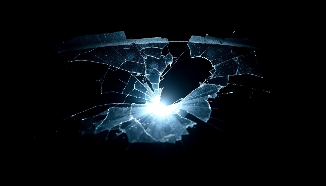 An extreme close-up photograph of a cracked and shattered car windshield, lit by a harsh, direct camera flash against a pitch-black background, conveying the stark, gritty aftermath of a tragic car crash.