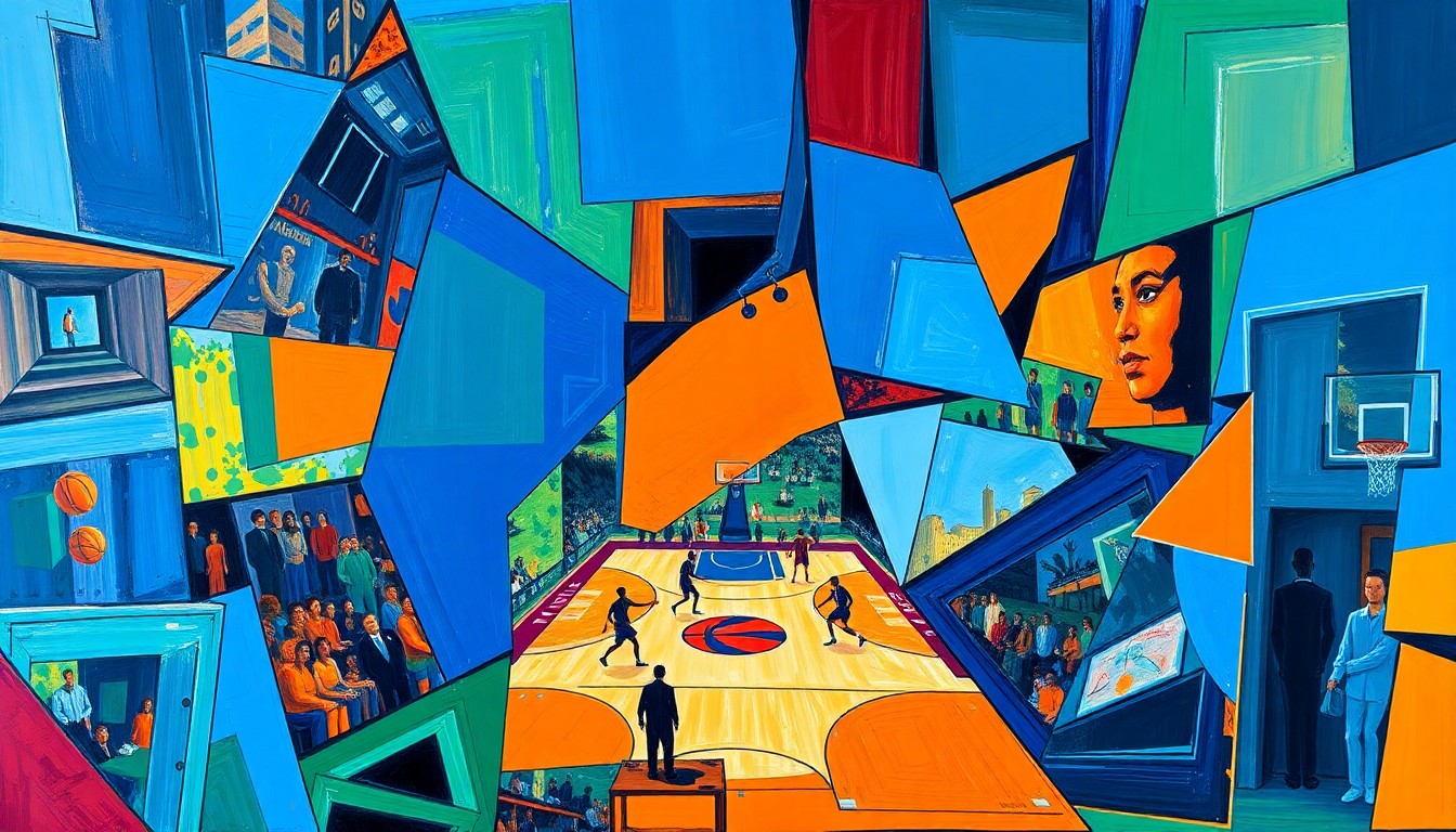 A cubist, geometric illustration depicting an abstract basketball game, with sharp, overlapping shapes in vibrant colors representing the chaotic and unpredictable nature of the NBA playoff race.