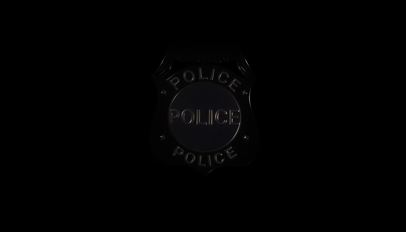 An extreme close-up photograph of a police badge reflecting harsh, direct light, creating a stark, gritty, investigative aesthetic without any text or symbols.