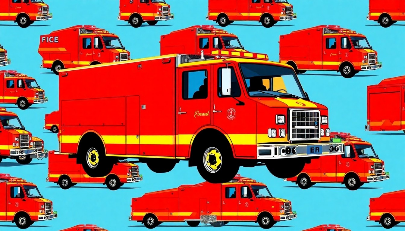 A grid of stylized fire truck icons in bright neon colors, conceptually representing the new, modernized fire station facility.