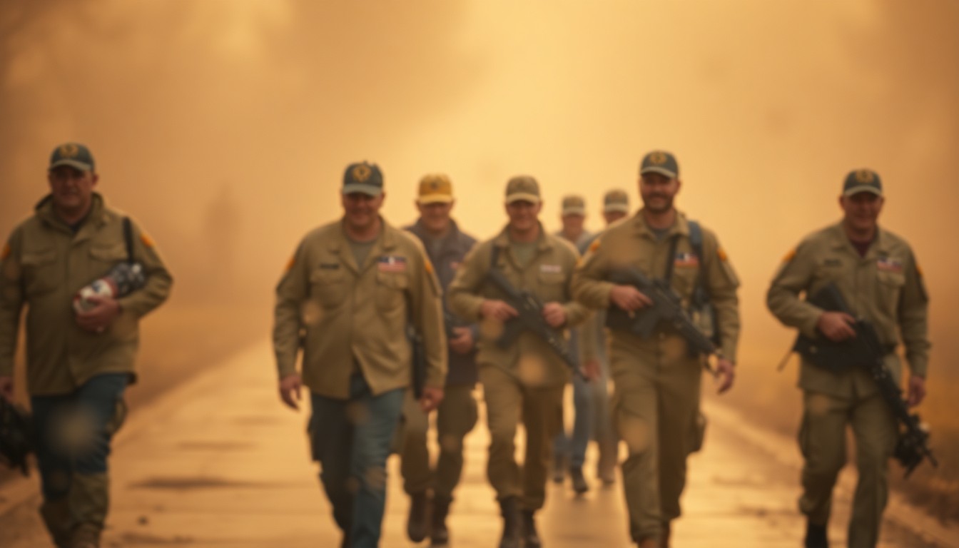 An abstract, impressionistic scene of blurred figures walking together, conveying the camaraderie and purpose of the Honor Flight program for veterans.