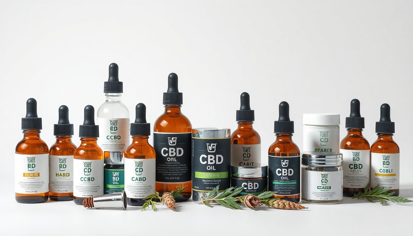 A photorealistic studio still life featuring an elegant arrangement of glass bottles, tinctures, and topical creams, symbolizing the high-quality CBD products that could become harder for consumers to access under proposed state regulations.
