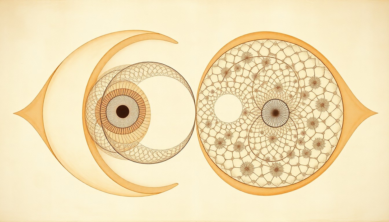 A bold, abstract painting in soft greens, browns, and blues depicting the complex cellular structures and processes involved in sperm production, conveying the intricate order of reproductive biology through sweeping geometric forms and precise botanical spirals.