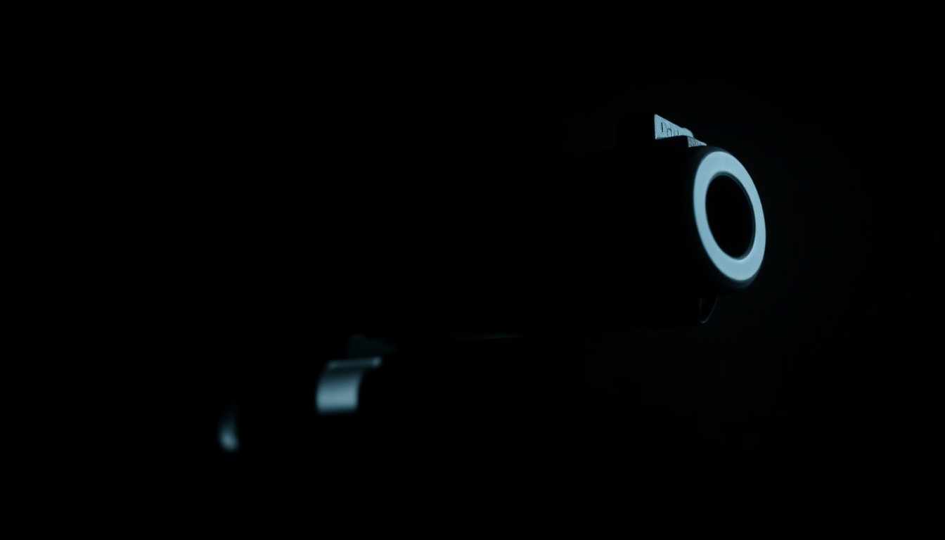 An extreme close-up photograph of a single firearm component, such as a magazine or trigger, lit by a harsh, direct camera flash against a pitch-black background, conceptually illustrating the gritty details of a weapons and drug investigation.