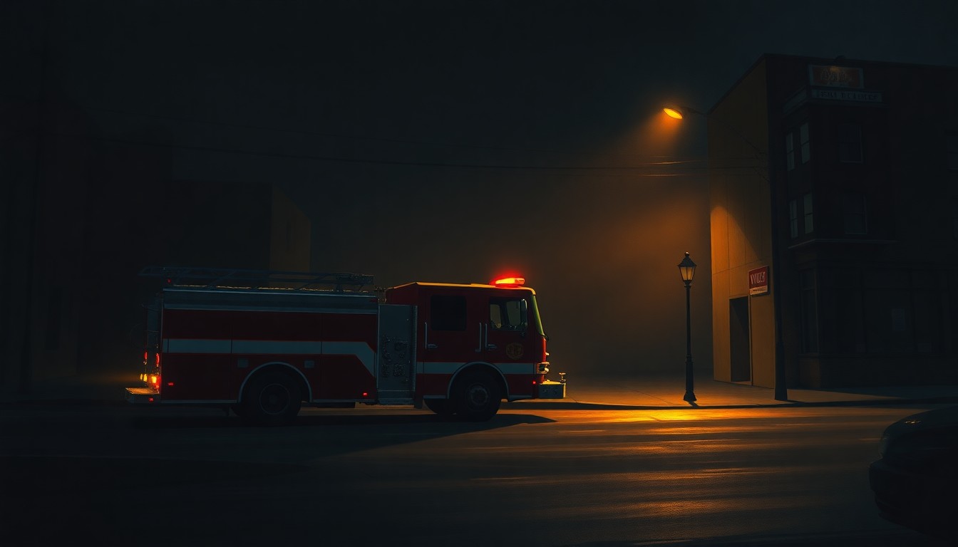 A realistic oil painting of a red fire engine parked on a shadowy city street, with warm sunlight casting dramatic diagonal shadows across the scene, conveying a sense of quiet contemplation and civic duty.
