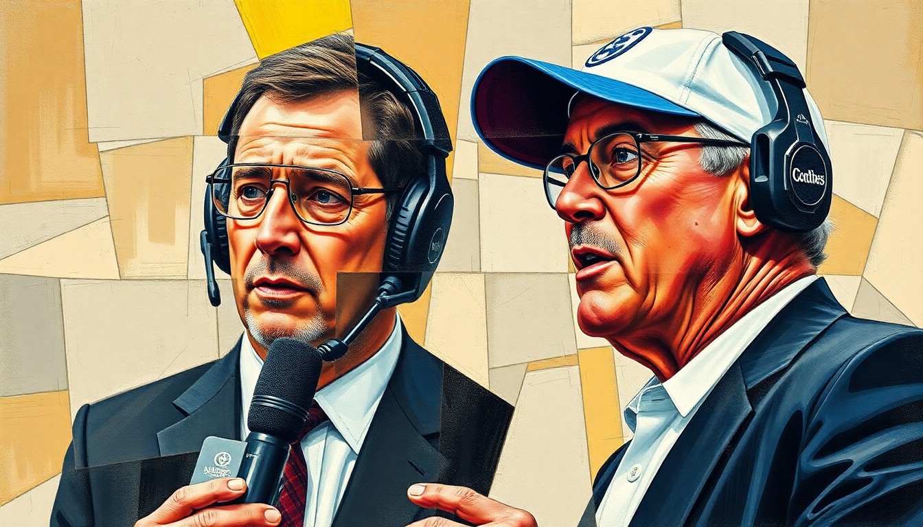 A cubist-style painting depicting fragmented, geometric shapes representing a sports reporter and a football coach, conveying a sense of disruption and ethical conflict.