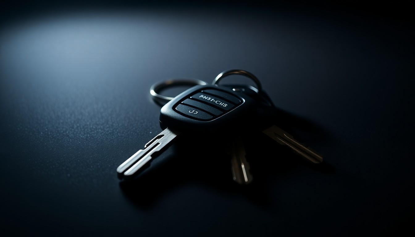 An extreme close-up photograph of a set of car keys on a dark surface, lit by a harsh, direct camera flash, conceptually representing the tools and evidence involved in a high-speed police pursuit.