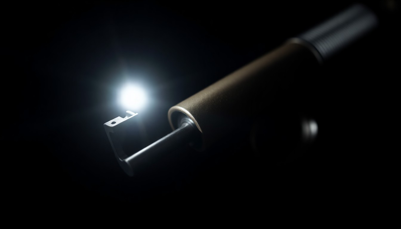 An extreme close-up photograph of a firearm component, such as a magazine or trigger, lit by a harsh, direct camera flash against a pitch-black background, creating a stark, gritty, investigative aesthetic.