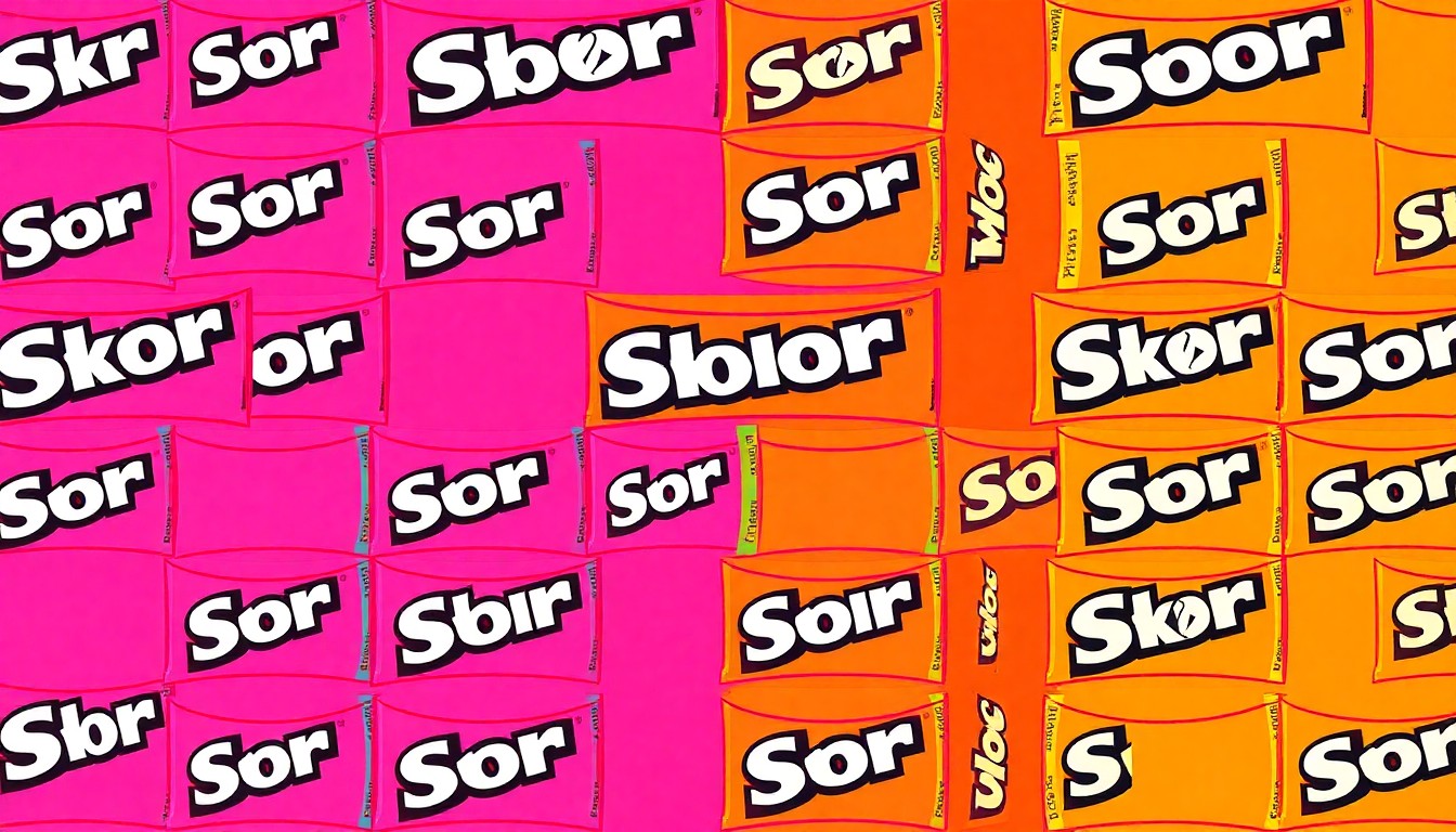 A bold, colorful silkscreen-style illustration featuring a grid of a single iconic candy bar, rendered in a high-contrast, neon-hued palette that transforms the everyday treat into a modern work of pop art.