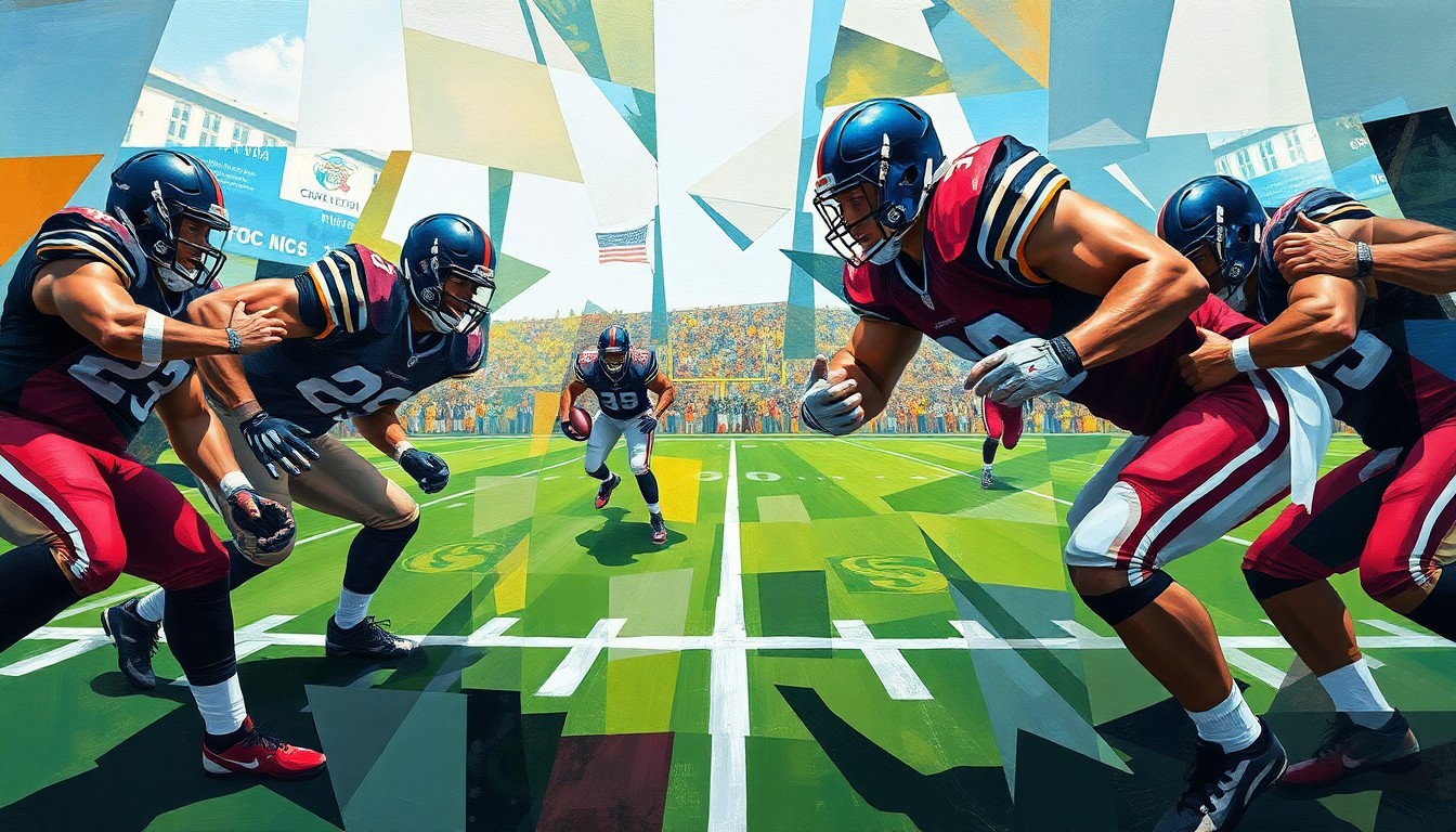 A cubist-style painting featuring overlapping geometric shapes and planes in shades of brown, orange, and blue, conceptually representing the multifaceted movements and actions of a defensive lineman on the football field.