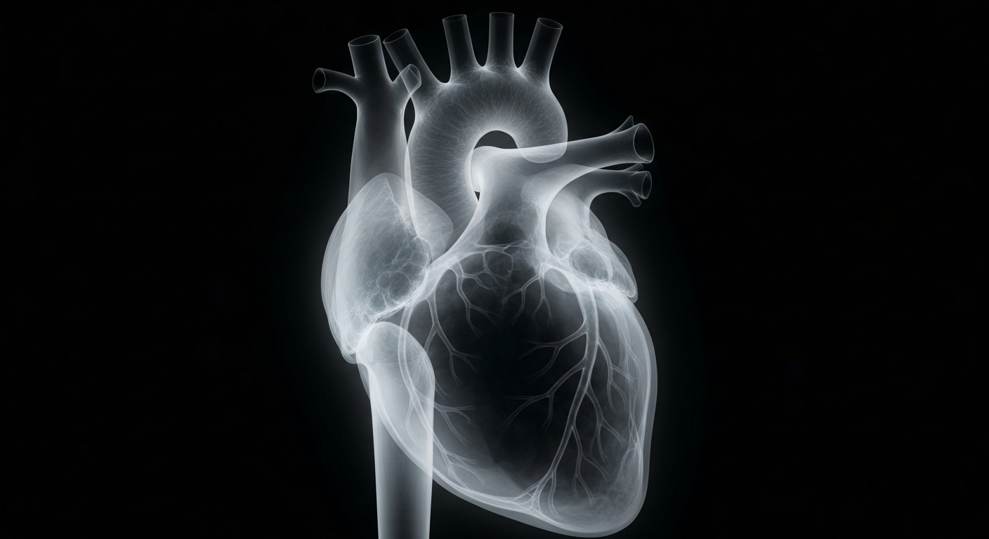 A ghostly, translucent X-ray image showing the internal structure of a healthy human heart, glowing against a dark background and symbolizing the resilience of the body.