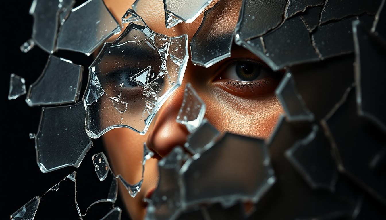 An abstract close-up photograph featuring shattered glass and cracked leather textures in dramatic studio lighting, conceptually representing the precarious circumstances and fragmented identity of an Iranian refugee character.