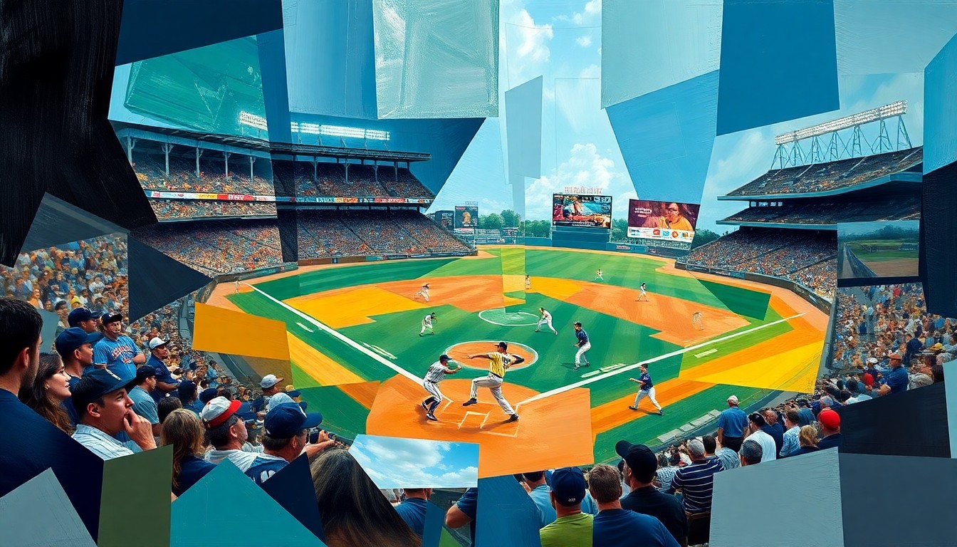 A cubist, geometric painting depicting a baseball pitcher in motion, with the figure broken down into overlapping planes of color and shape, conveying the dynamic energy of the sport.