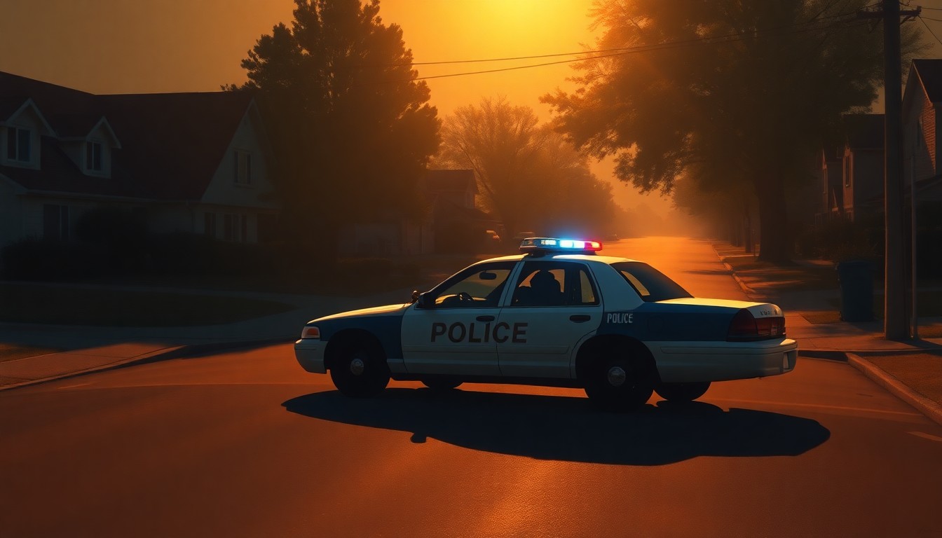 A photorealistic painting of a lone police car parked on a tree-lined suburban street, the vehicle's silhouette casting long shadows across the pavement as warm sunlight filters through the branches overhead, creating a nostalgic, cinematic mood.
