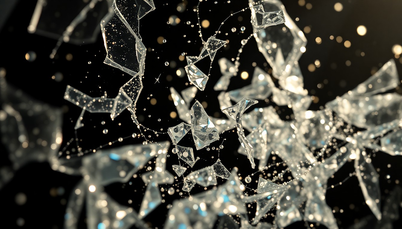 An abstract close-up image featuring shattered glass and glittering sequins in dramatic, high-contrast lighting, conceptually representing the celebratory energy of a beloved TV show's revival.