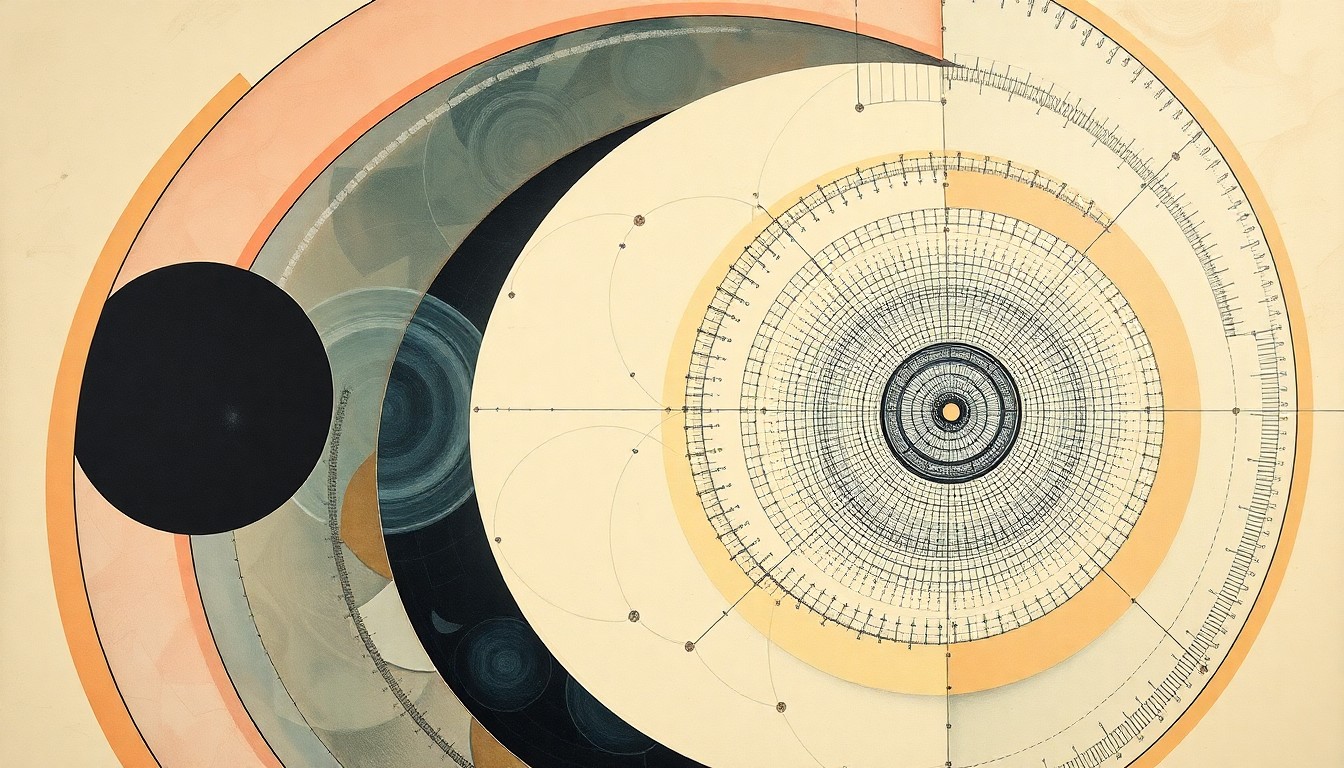 A highly structured abstract painting featuring sweeping geometric arcs, concentric circles, and precise botanical spirals in soft, flat colors against a clean background, conceptually representing the complex interplay of advanced technologies in the creation of an innovative robotic guide dog system.