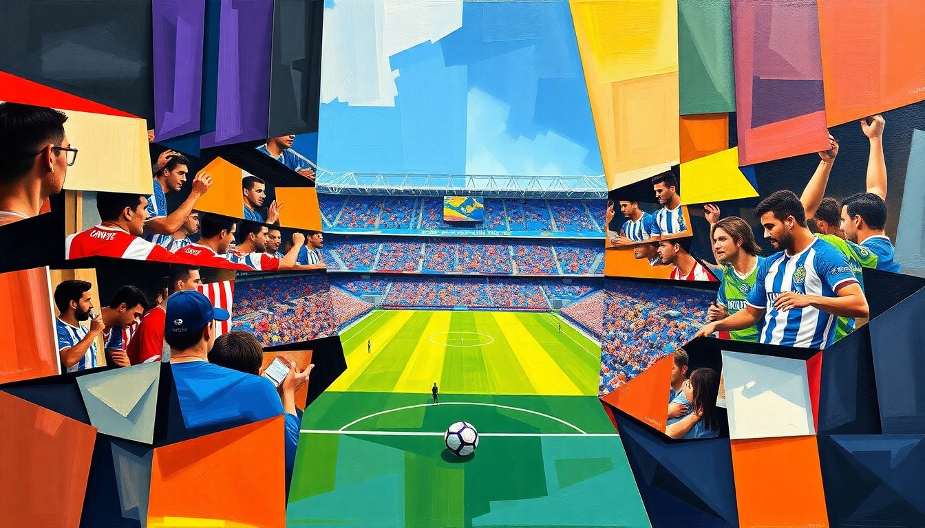 A fractured, multi-perspective painting in bold, vibrant colors that breaks down the Concacaf Champions Cup quarter-final match between Tigres UANL and the Seattle Sounders into sharp, overlapping geometric planes, capturing the energy and intensity of the regional rivalry.