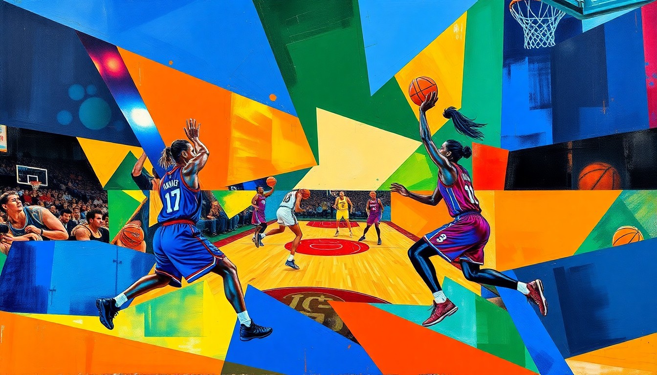 A cubist, geometric painting depicting the dynamic movements and energy of a WNBA basketball game, with the players' forms broken down into abstract shapes and planes of vivid colors.