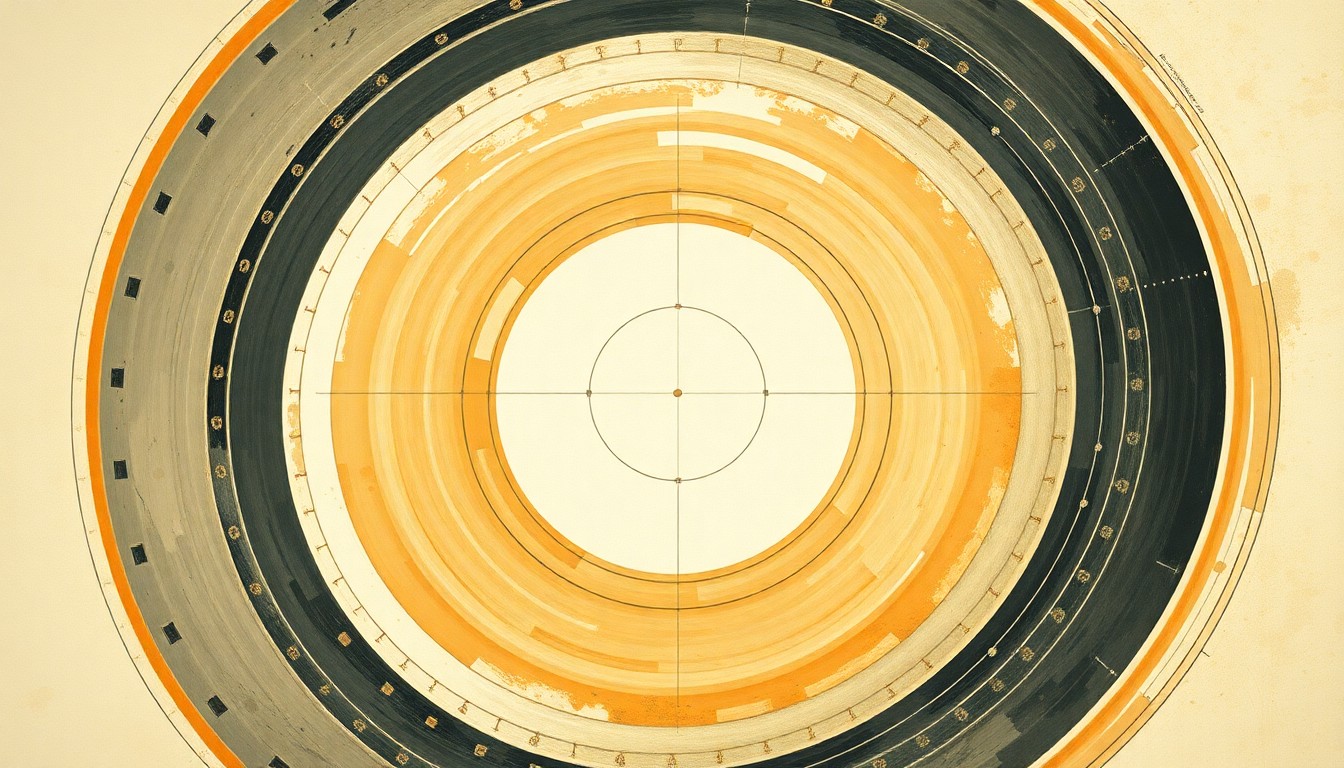 A highly textured, abstract painting in soft earth tones featuring sweeping geometric shapes and intersecting waveforms, conceptually representing the complex scientific forces behind advanced nuclear technology.