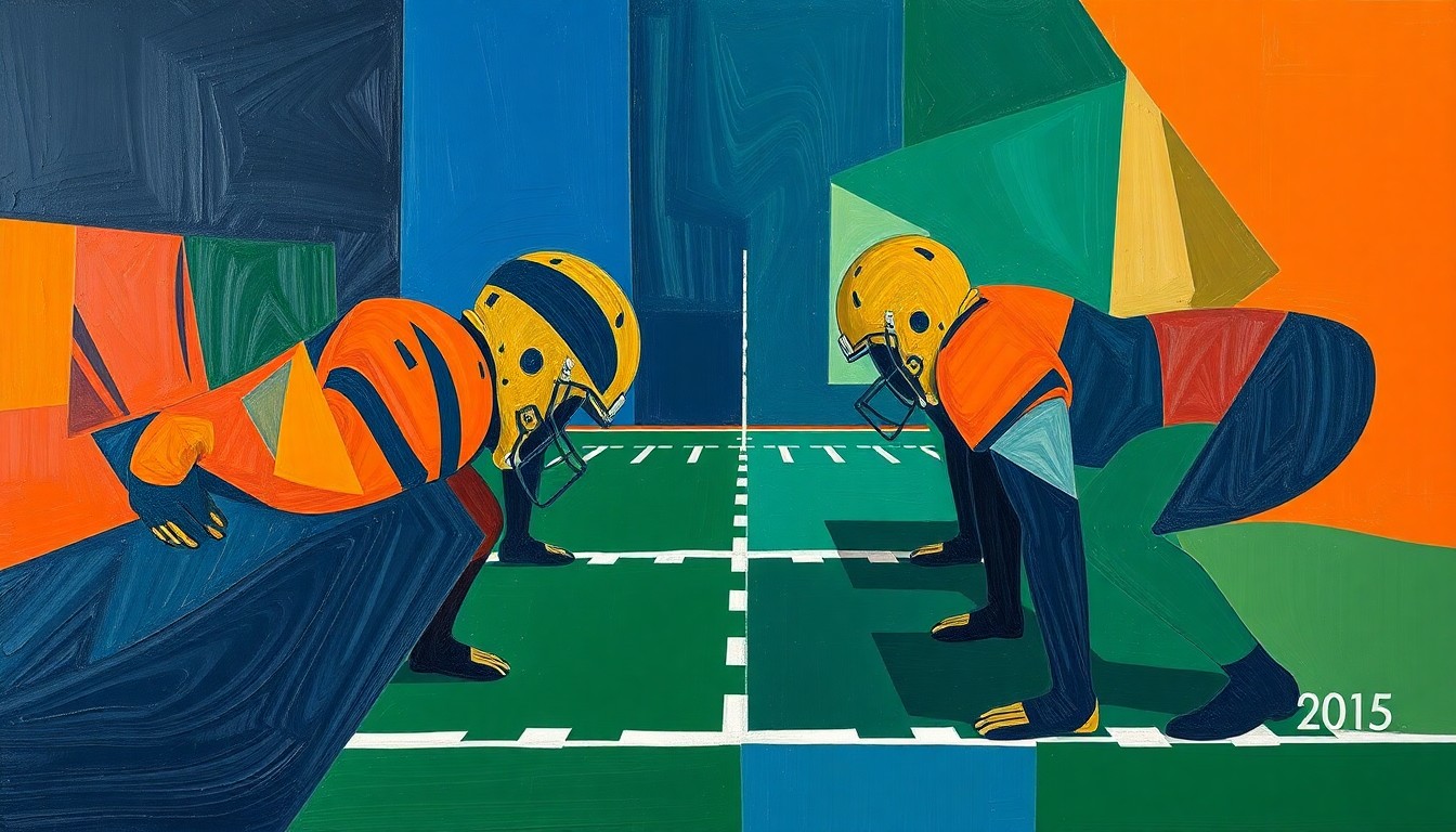 A fragmented, cubist-style painting depicting an American football offensive line broken down into sharp, overlapping geometric shapes in navy, green, and orange, conveying the complex challenge of rebuilding the line after a key player's retirement.