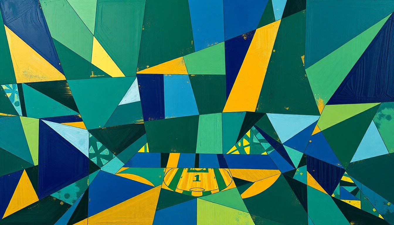 A cubist, geometric painting depicting an abstract NBA basketball game, with sharp, overlapping planes of navy, green, and gold conveying the energy and intensity of professional basketball.
