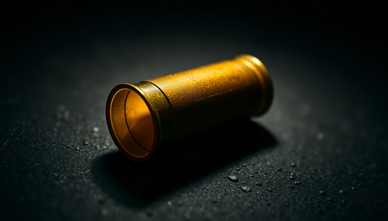 An extreme close-up photograph of a spent shell casing on a dark, textured surface, lit by a harsh camera flash, conceptually illustrating the evidence of a drive-by shooting incident.