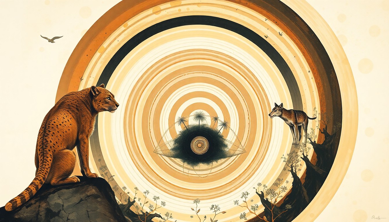 An abstract painting featuring sweeping geometric shapes and organic spirals in muted earth tones, conceptually representing the complex interactions between mountain lions, wolves, and other wildlife in Yellowstone National Park.