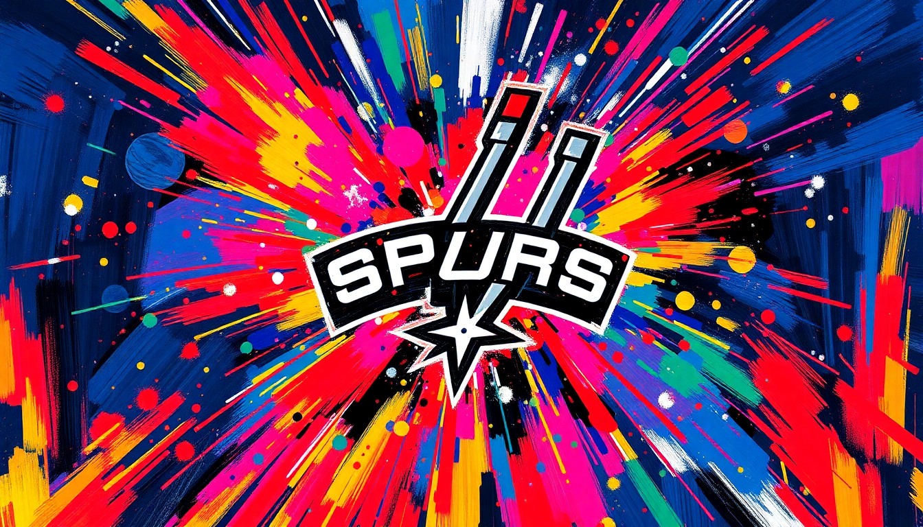 An abstract, energetic painting in neon colors representing the excitement and energy of a Spurs playoff game, with the team's iconic logo and colors blending into expressive brushstrokes.