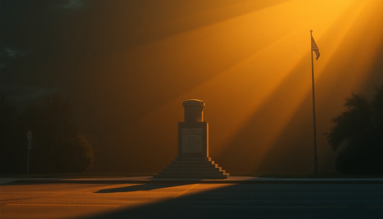 A serene, cinematic painting of a civil rights monument or memorial in Montgomery, Alabama, with warm sunlight and deep shadows creating a contemplative mood.