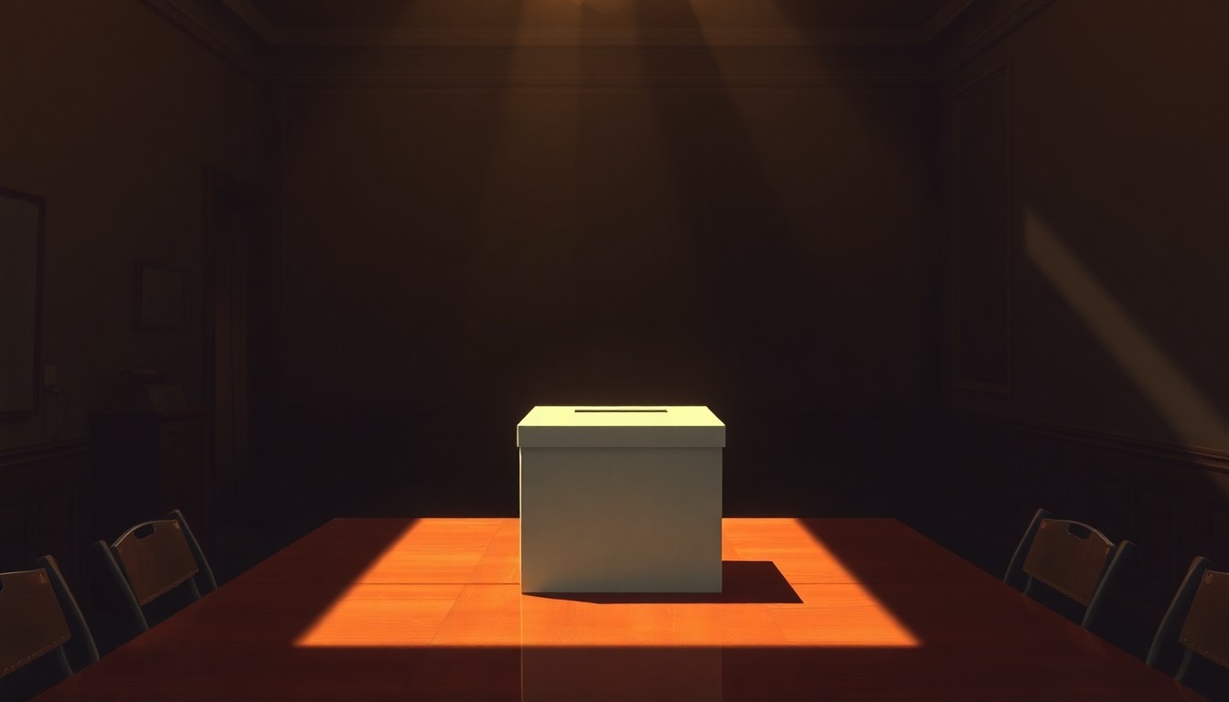 A dimly lit, cinematic painting of a lone ballot box sitting on a wooden table, bathed in warm, diagonal sunlight and deep shadows, conceptually representing the tension between election integrity and unproven fraud allegations.