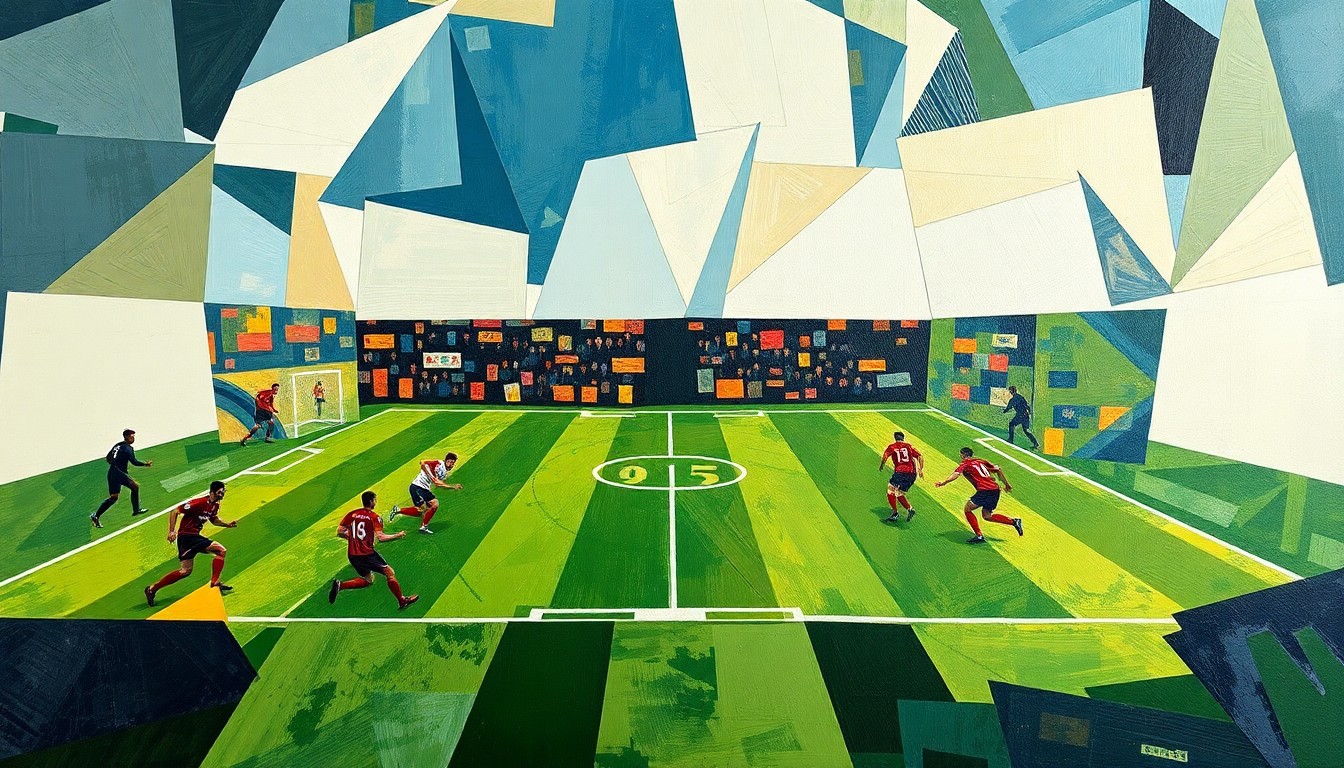 A cubist, geometric painting depicting a fragmented football field and players, with sharp, overlapping shapes and planes of color representing the complex dynamics of a sports scandal.