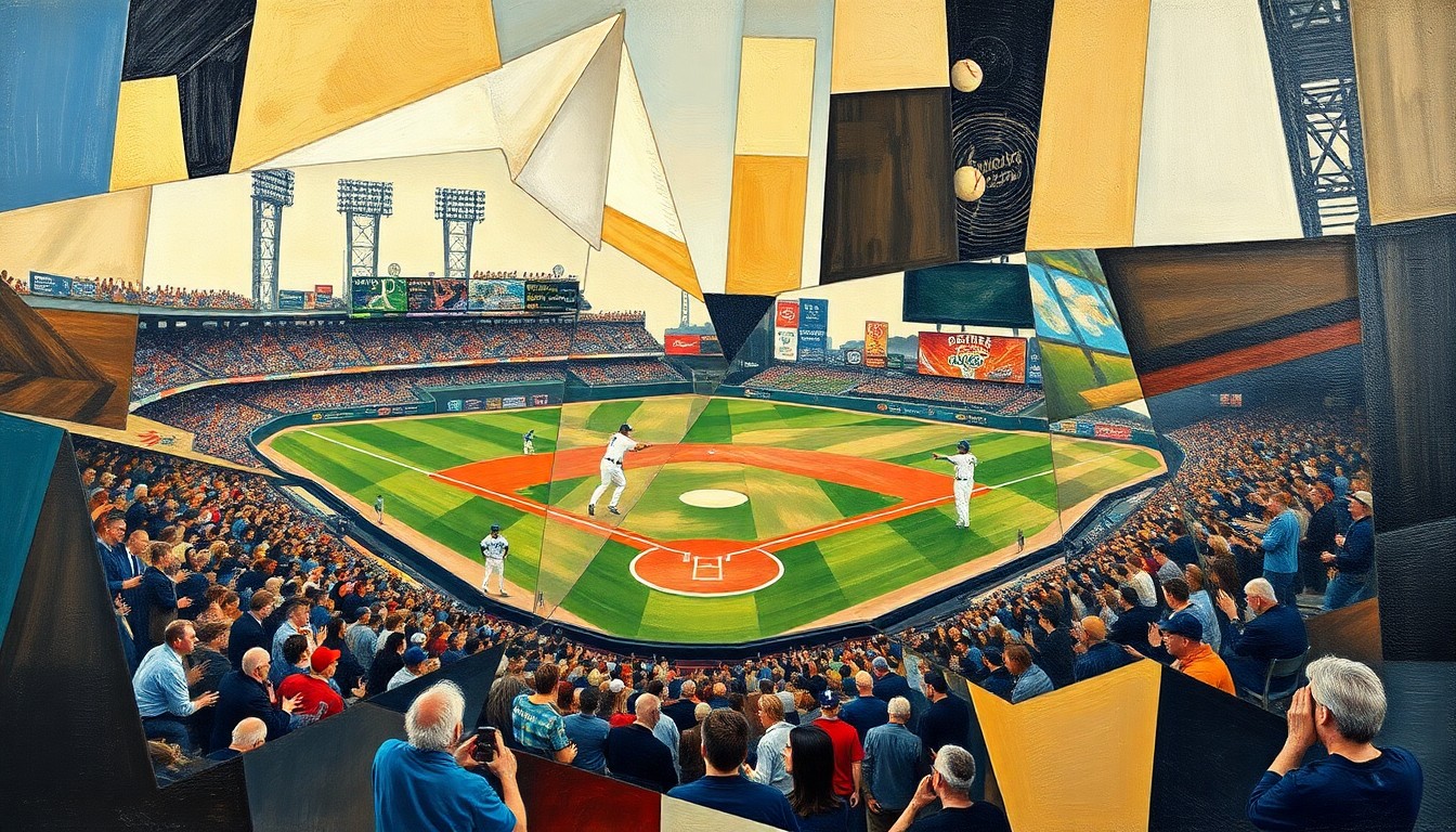A cubist-style painting depicting a baseball game broken down into overlapping geometric shapes and planes, capturing the dynamic energy and movement of the sport.