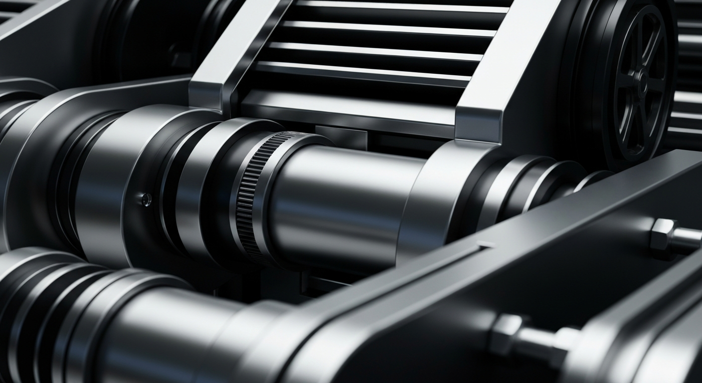 An extreme close-up of highly textured, industrial banking machinery and components in a dramatic, cinematic style, conceptually representing the secure, institutional infrastructure of community banking.