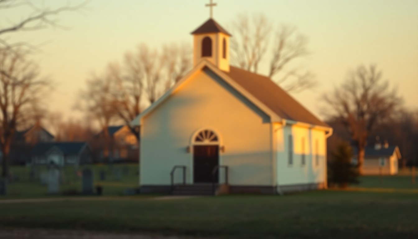 An extremely abstracted, out-of-focus photograph of a church steeple and graveyard in soft, warm light, conveying the reflective mood of a rural community gathering to mourn the loss of a longtime resident.