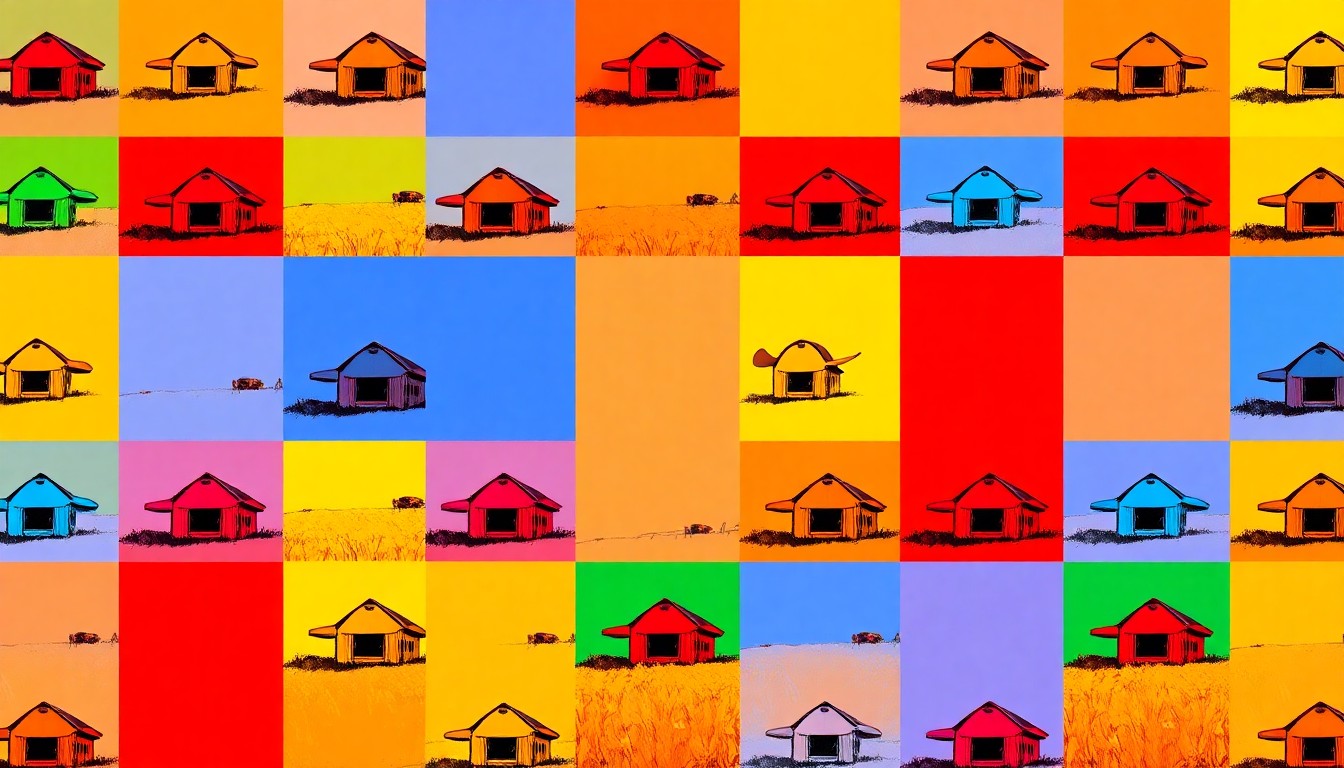 A brightly colored, high-contrast silkscreen print of a rural barn repeated in a tight grid pattern, conceptually representing the vibrant artistic legacy of self-taught painter H.O. Kelly.