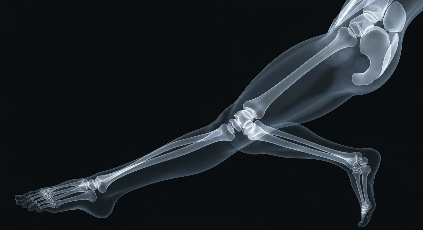 A ghostly, X-ray-like image of a human leg in a dynamic stretching pose, the bones and muscles visible as glowing lines against a dark background, conceptually representing the benefits of assisted stretching.