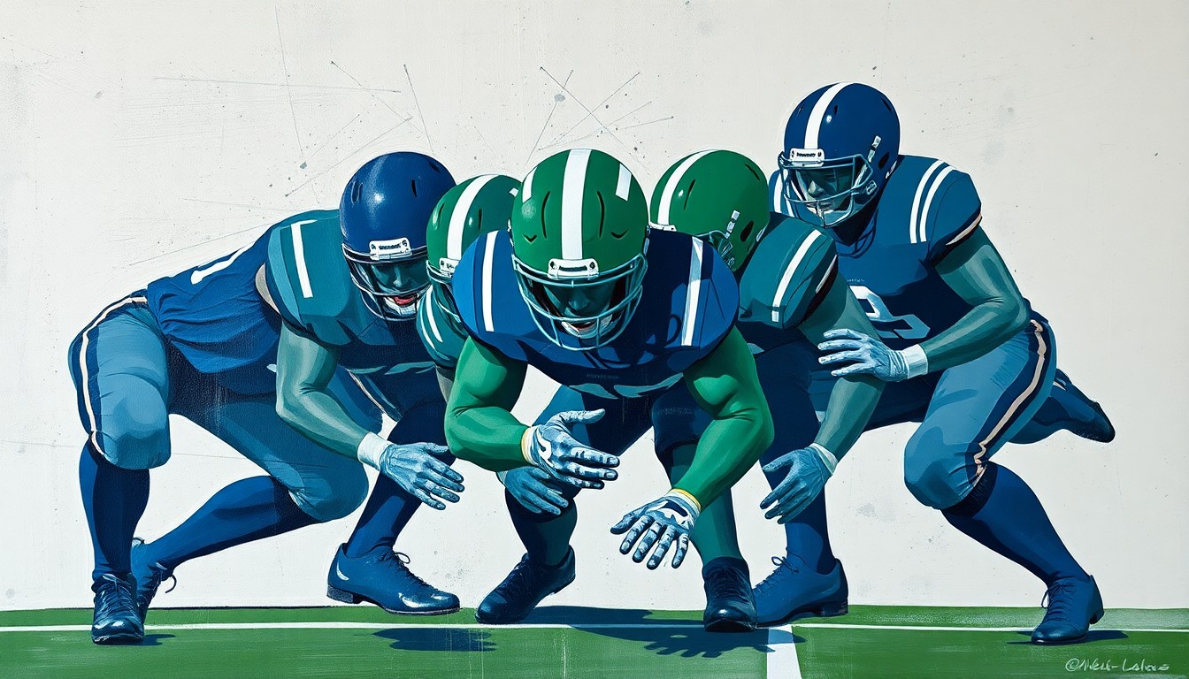 A fragmented, cubist-style painting depicting the abstract forms of football players on an offensive line, with sharp geometric shapes and planes in muted colors conveying the physical demands of the sport.