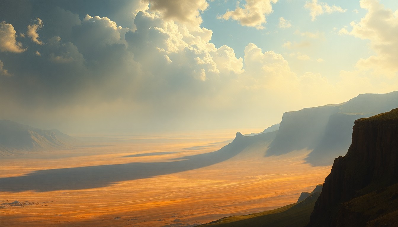 A sweeping, atmospheric landscape painting in muted tones of orange, yellow, and grey, capturing the overwhelming scale and intensity of a severe heat wave enveloping the horizon, with only a faint silhouette of a distant structure visible.