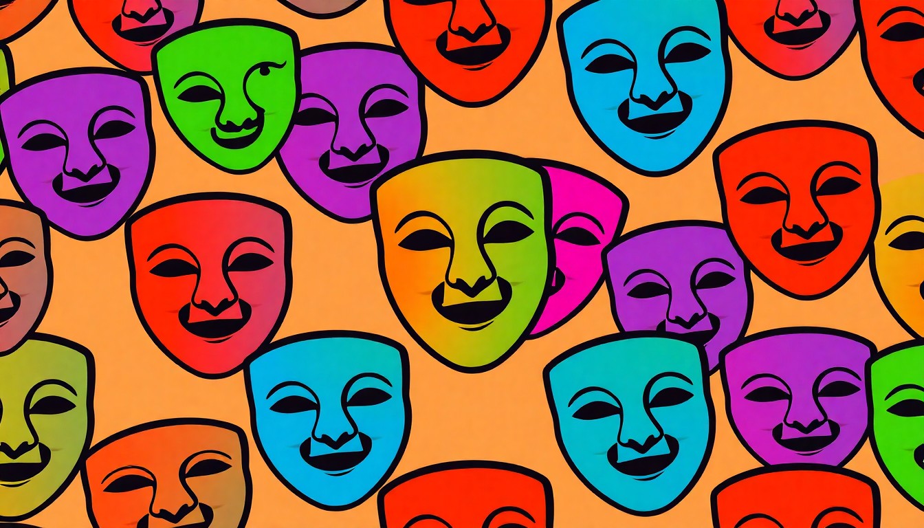 A brightly colored, high-contrast silkscreen print of a stylized theatre mask icon repeated in a tight grid pattern, using flat, vibrant neon colors and heavy black outlines to transform the familiar symbol into a modern pop art piece.