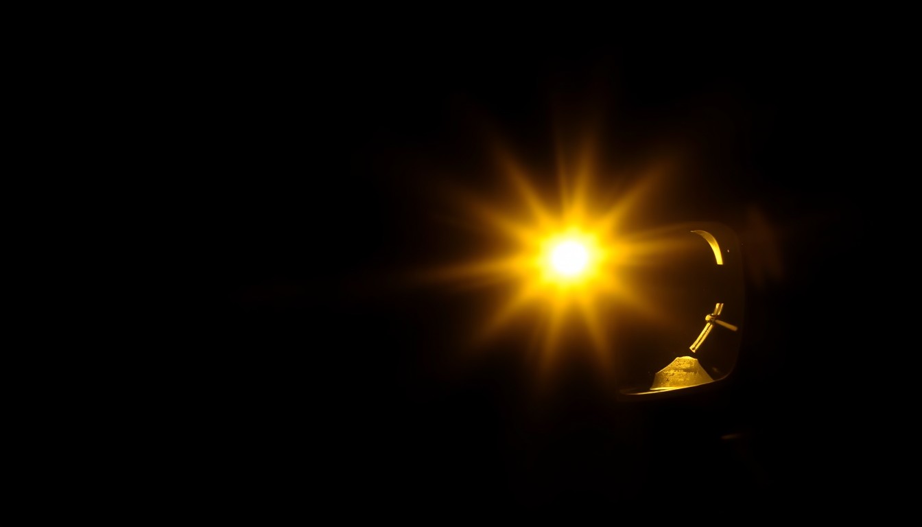 An extreme close-up photograph of a damaged side mirror from a vehicle, lit by a harsh, direct camera flash against a pitch-black background, creating a stark, gritty, investigative aesthetic.
